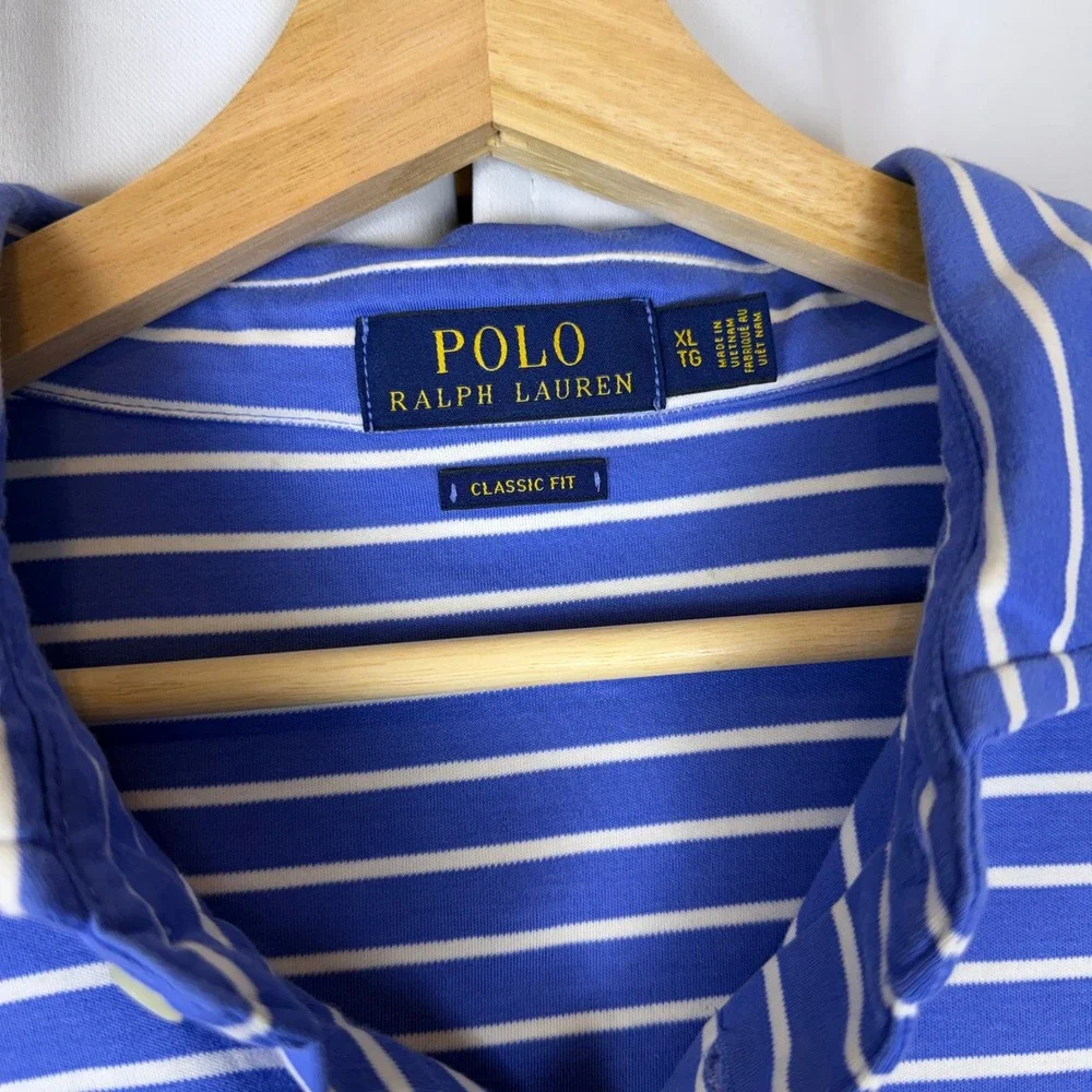 Polo Ralph Lauren Mens XL Blue White Striped Classic Fit Cotton Polo Shirt